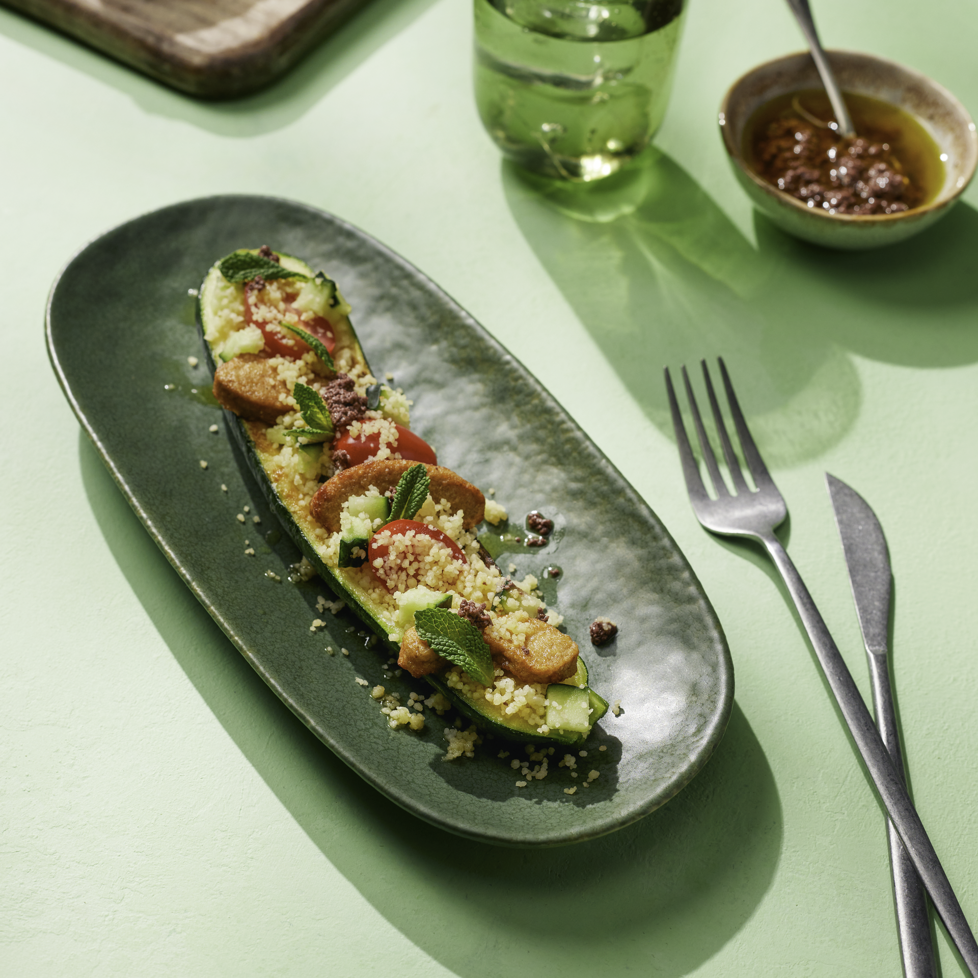 Faszerowane grilowane łódeczki z cukinii z wegańskimi filetami – zdrowe i smaczne danie, idealne na lekki obiad lub kolację. Spróbuj teraz!