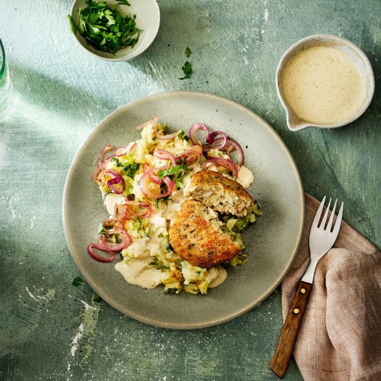 Frikandellen with leek mustard stew Frikandellen with leek mustard stew