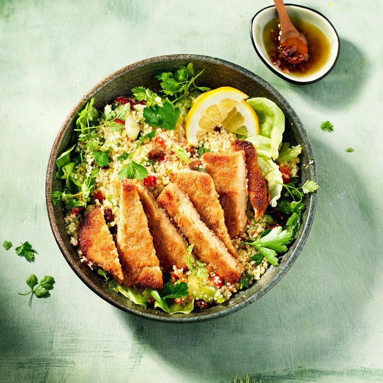 Couscous veggie and herb salad with Sensational Schnitzel