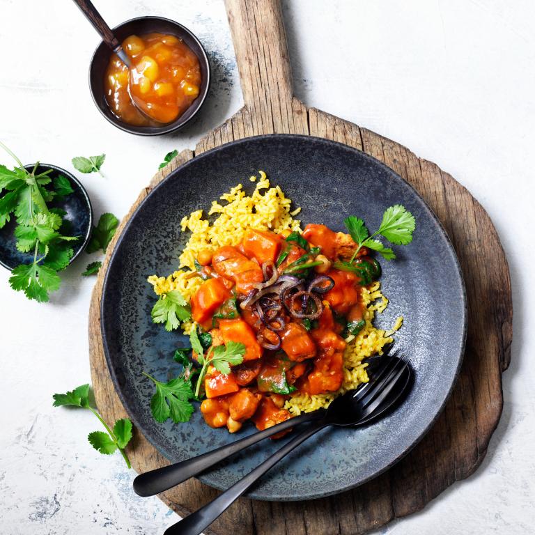 Curry with Chargrilled Pieces, Sweet Potato and Spinach